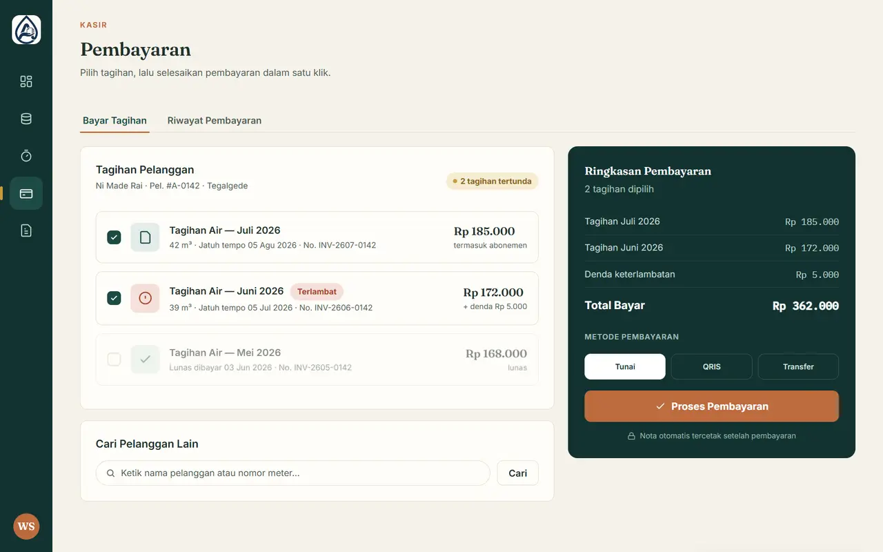 Halaman pembayaran Amerta menampilkan daftar tagihan pelanggan yang bisa dicentang, ringkasan total bayar, pilihan cara bayar, dan tombol memproses pembayaran