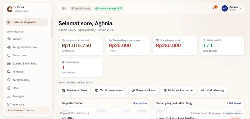 Halaman ringkasan Copia: uang masuk bulan ini, tagihan pelanggan, dan bahan yang perlu diisi ulang