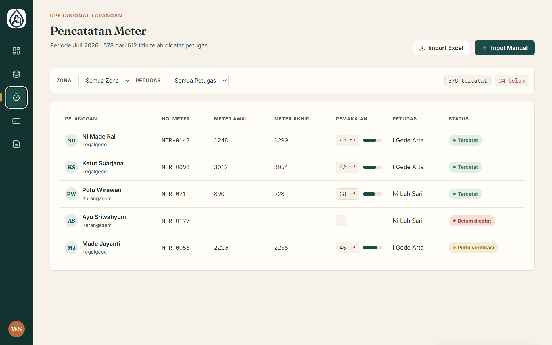 Fitur pencatatan meter air di aplikasi Amerta dengan bulk upload untuk mempercepat entri data pelanggan.